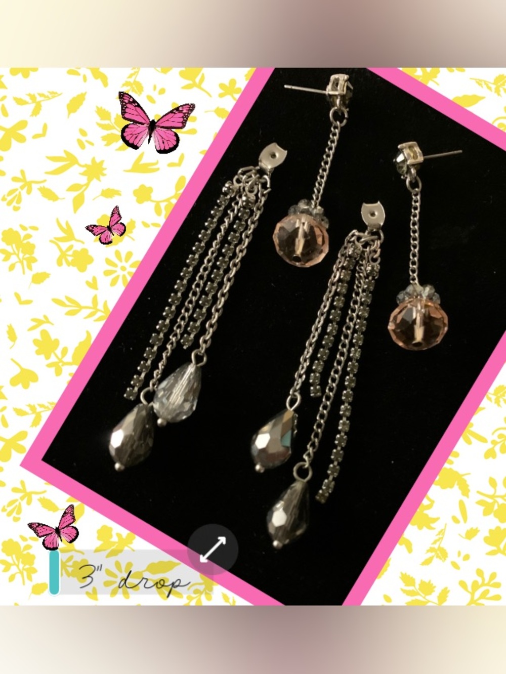 Elegant Drop Dangle Earrings in Pink & Smoky Gray
